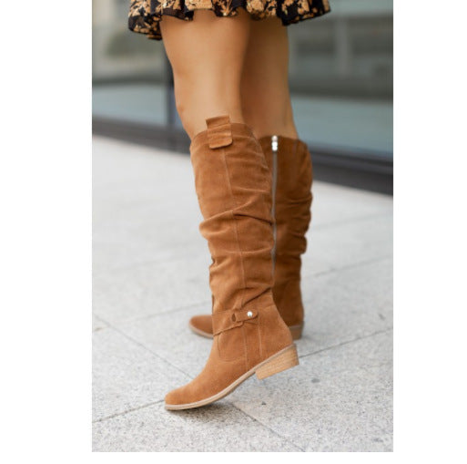 Low Heel Side Zipper Suede Boots