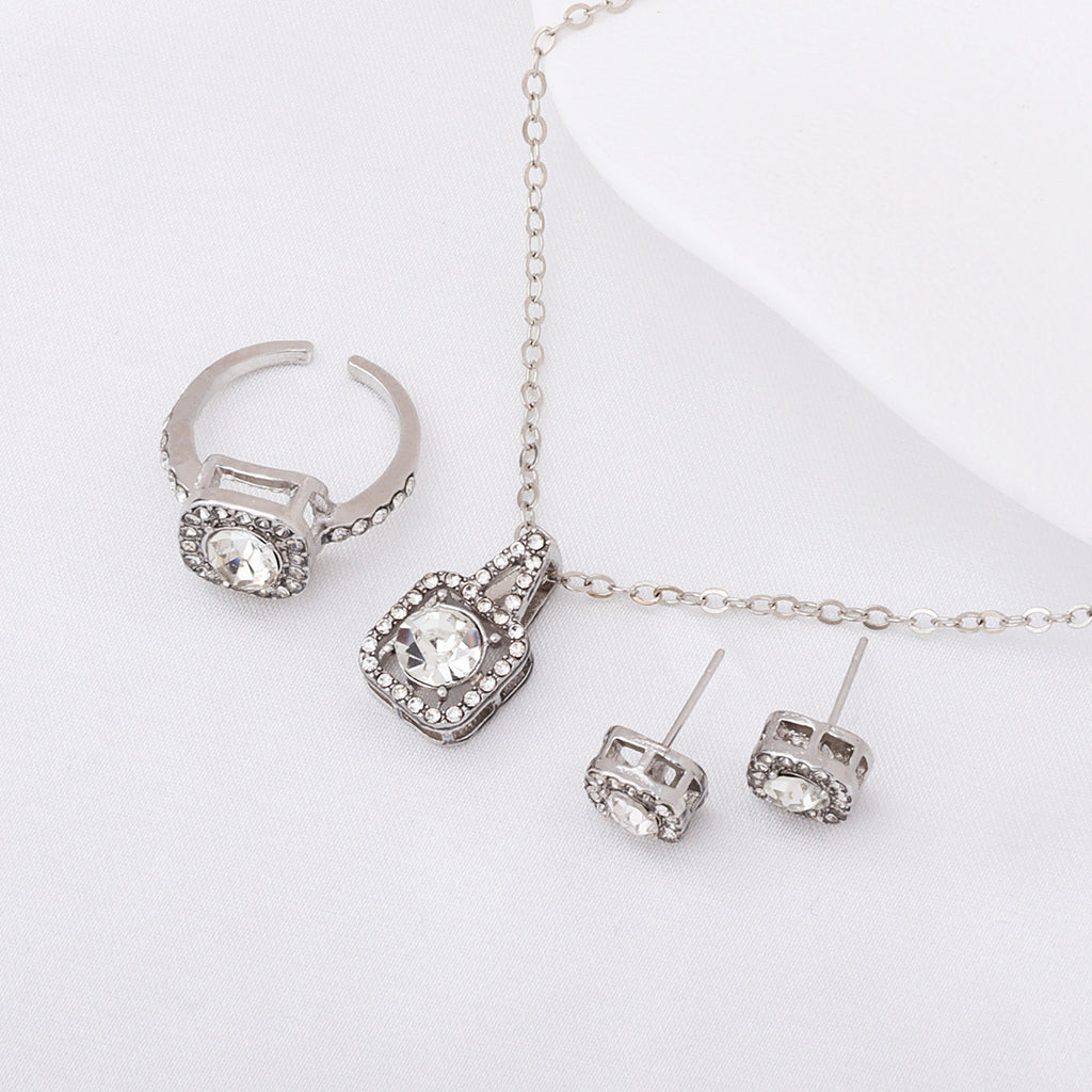 Square Rhinestone Jewelry Set Necklace Ring Earrings