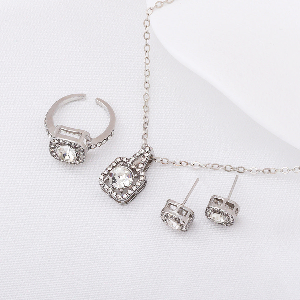 Square Rhinestone Jewelry Set Necklace Ring Earrings