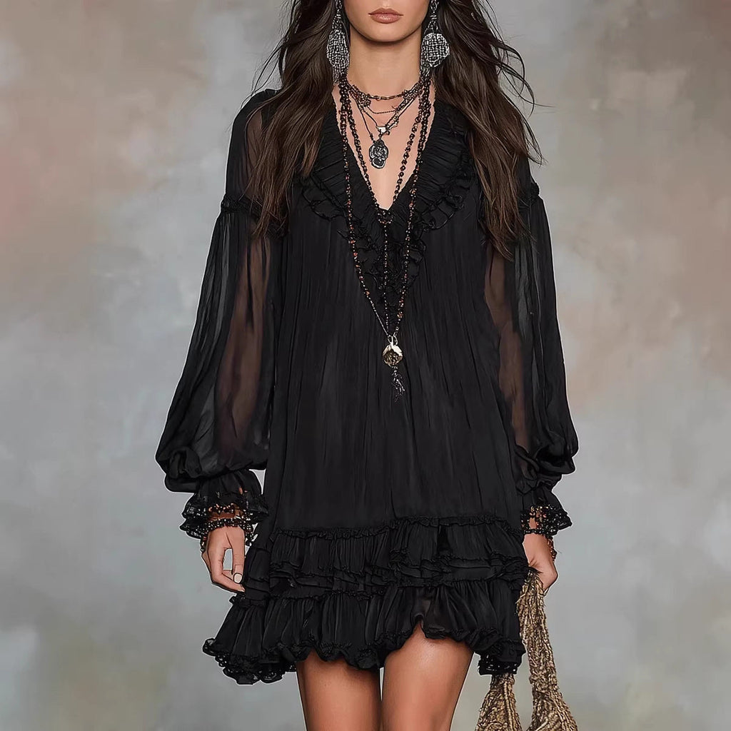 Spring New V-Neck Waist-Cinching Ruffle Elegant Dress