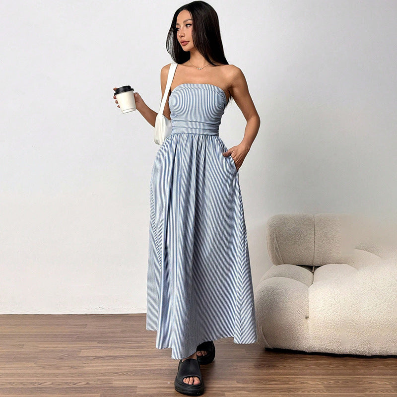 Tube Top Flap Pocket A-Line Dress