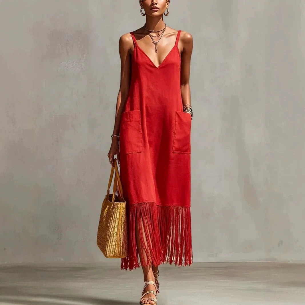 V-Neck Sleeveless Tassel Dress