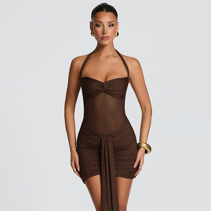 Women's Solid Color Mesh Halter Neck Short Dress