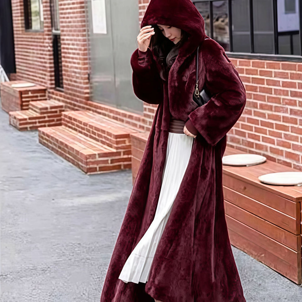 Extra-Long Faux Fur Hooded Coat with Belt for Women