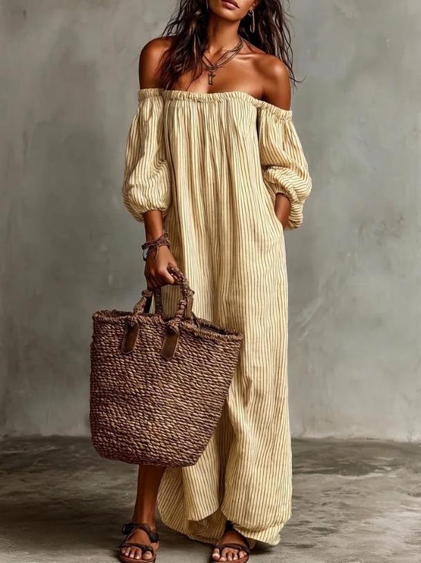 Elegant Casual Loose One-Line Neckline Striped Dress