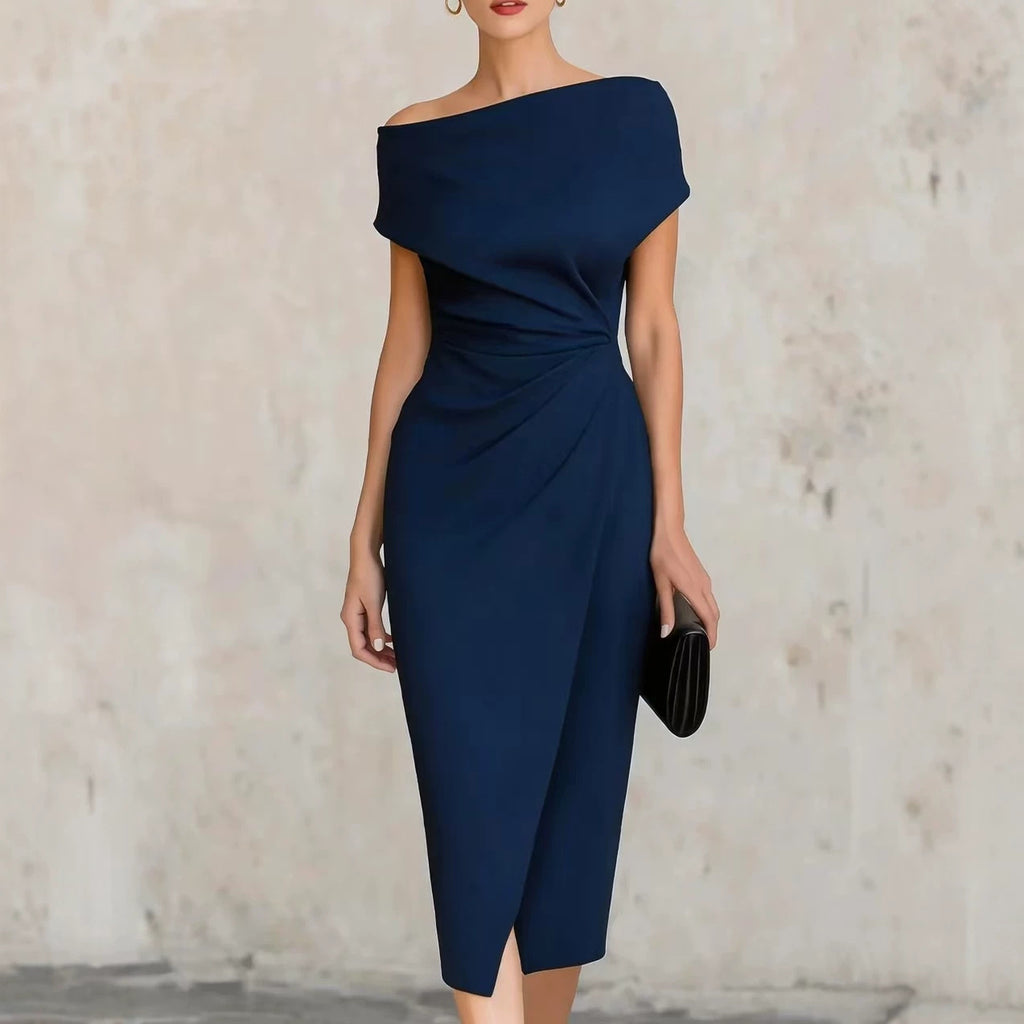 Off-shoulder waist pleated dress elegant dress dress womenOff-shoulder waist pleated dress elegant dress dress women