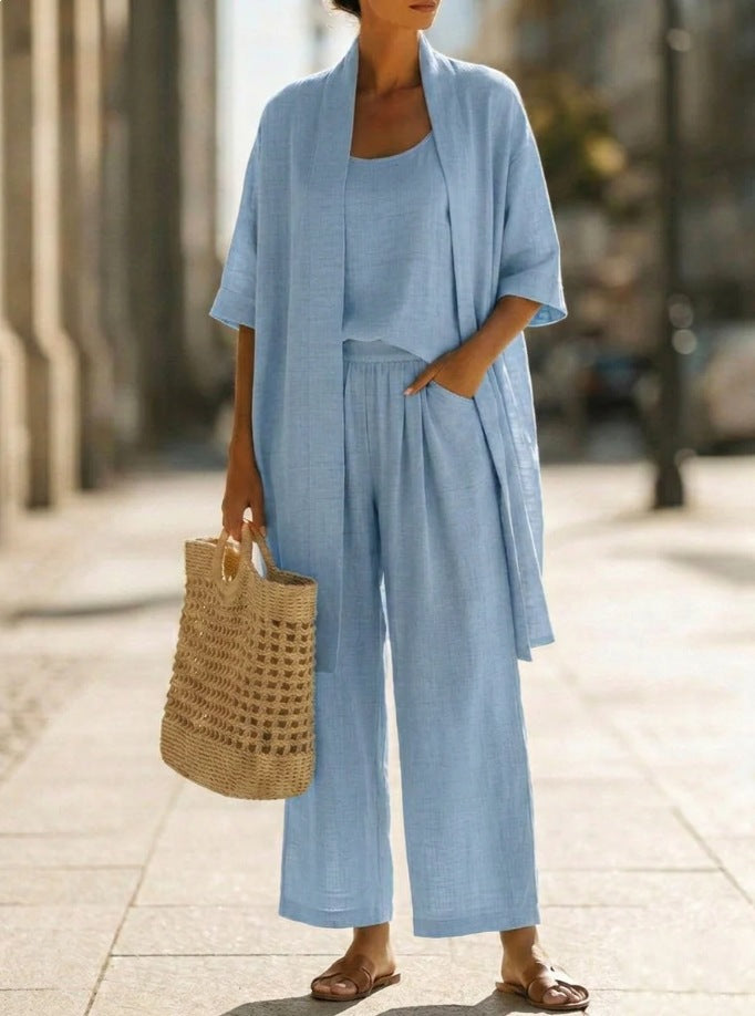 Women Summer Cotton Linen Solid Color Three Piece Cardigan Set Casual Pants Suit