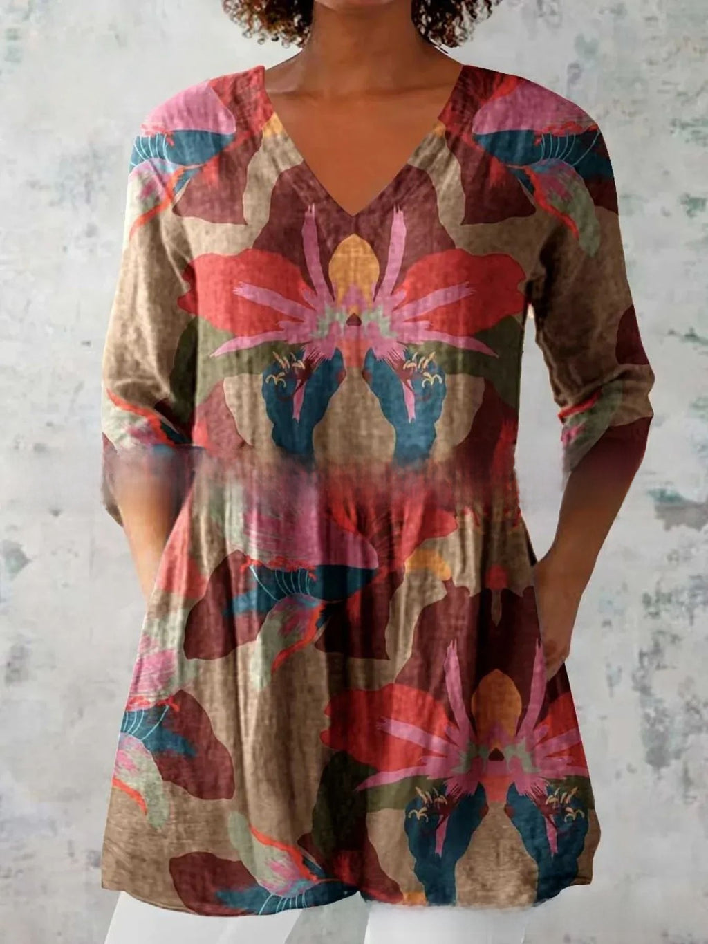 Womens Loose Digital Print V-Neck Short Sleeve T-Shirt