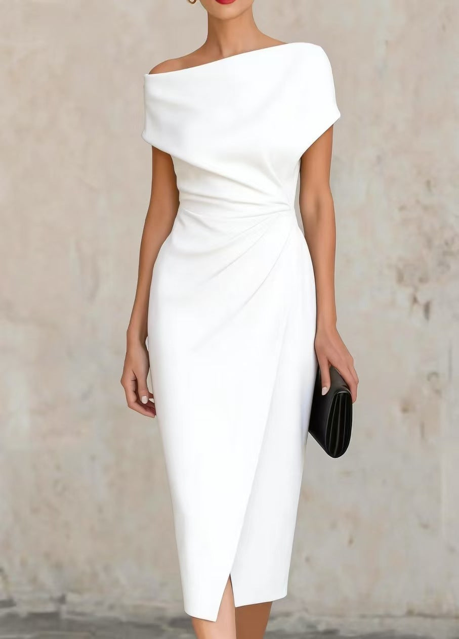 Off-shoulder waist pleated dress elegant dress dress womenOff-shoulder waist pleated dress elegant dress dress women