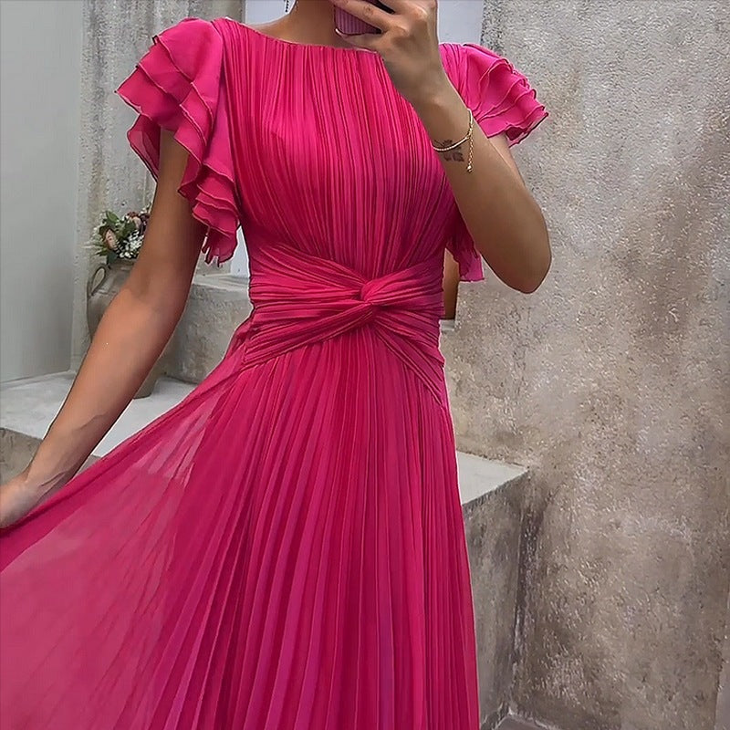 Women's Solid Color Lace Trim A-Line Dress V-Neck Short Dress