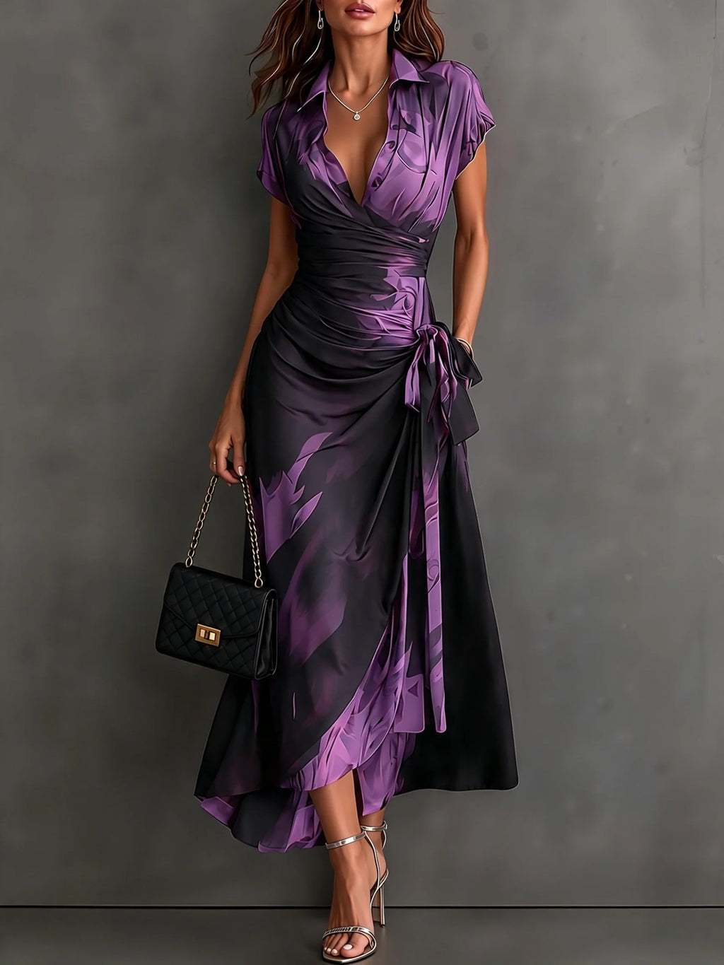 Womens Ink Print Wrap Dress with Collar Short Sleeves High Waist Tie Side Slit