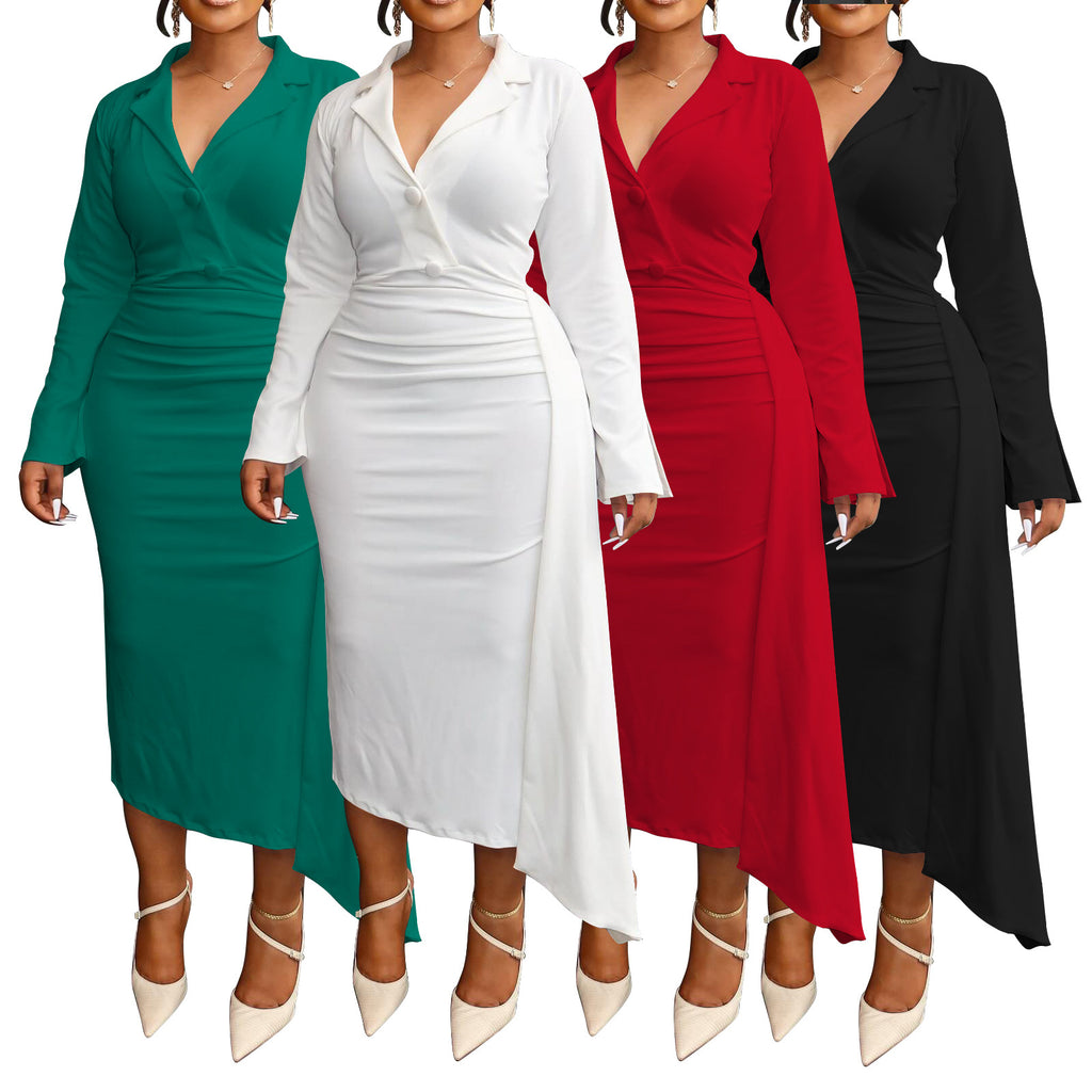 Womens V-Neck Pleated Spliced Dress