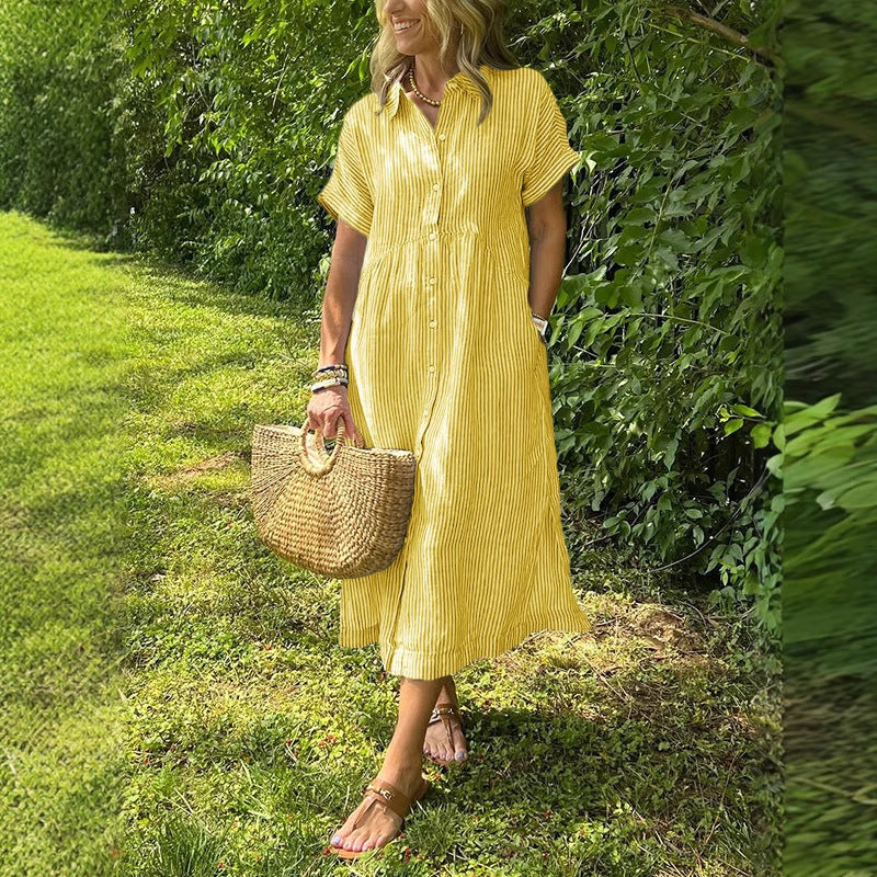 Womens Striped Short Sleeve Shirt Dress Casual Cotton Linen Midi Dress
