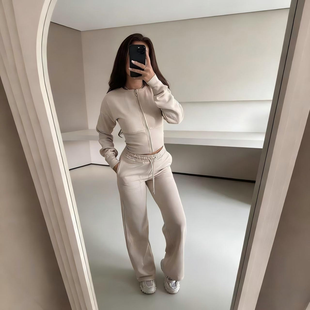 Women's Casual Zipper Hoodie and Straight Pants Set