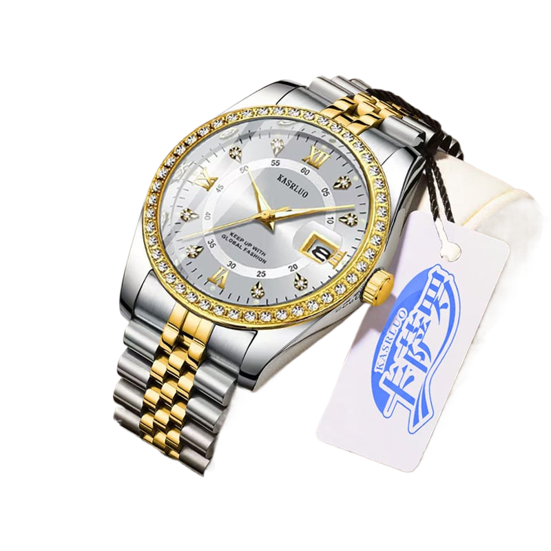 Roman Numerals Diamond Calendar Steel Band Watch