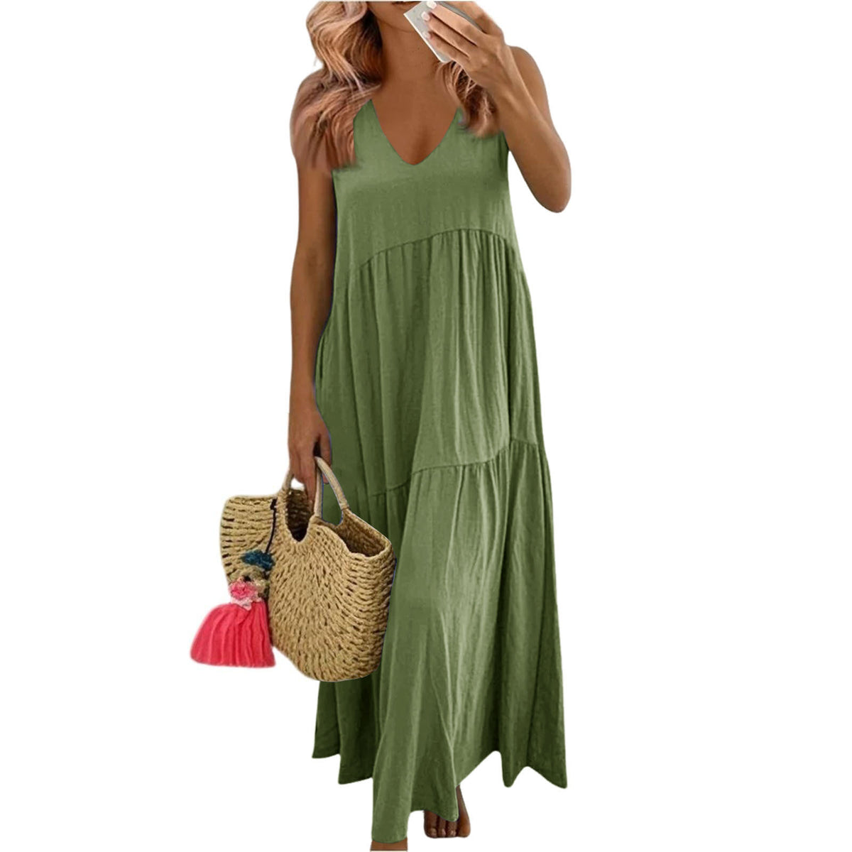 Women's Cotton V-Neck Sleeveless Bohemian Layered Maxi Dress