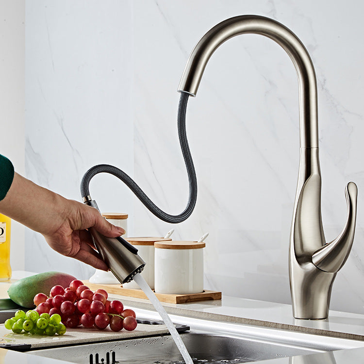 Nordic Style Pull Out Kitchen Faucet with Dual-Mode Sprayer Hot and Cold Water Copper Sink Tap