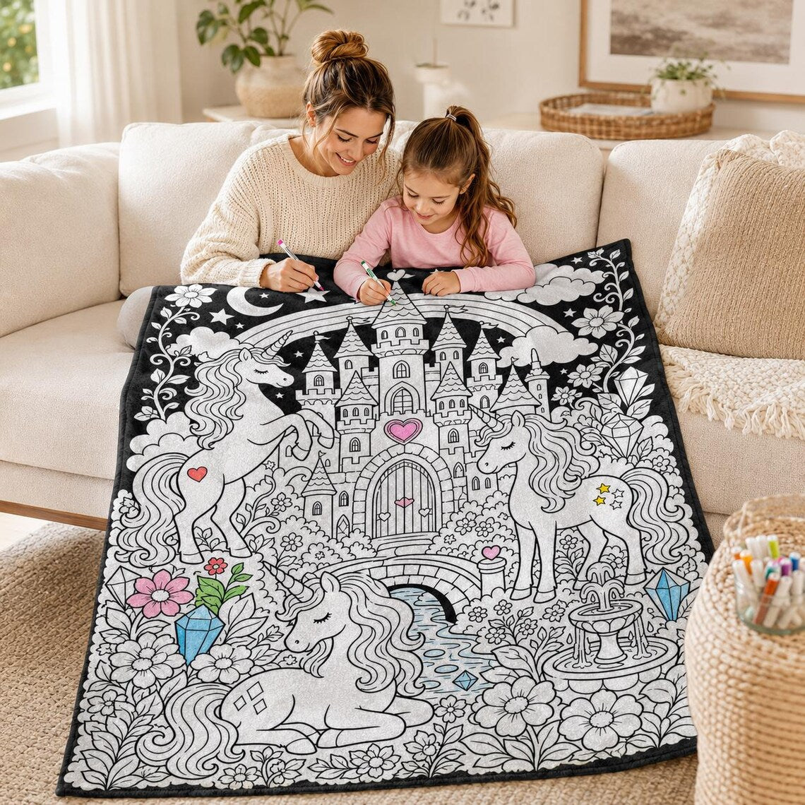 Black and white line-drawn graffiti rug