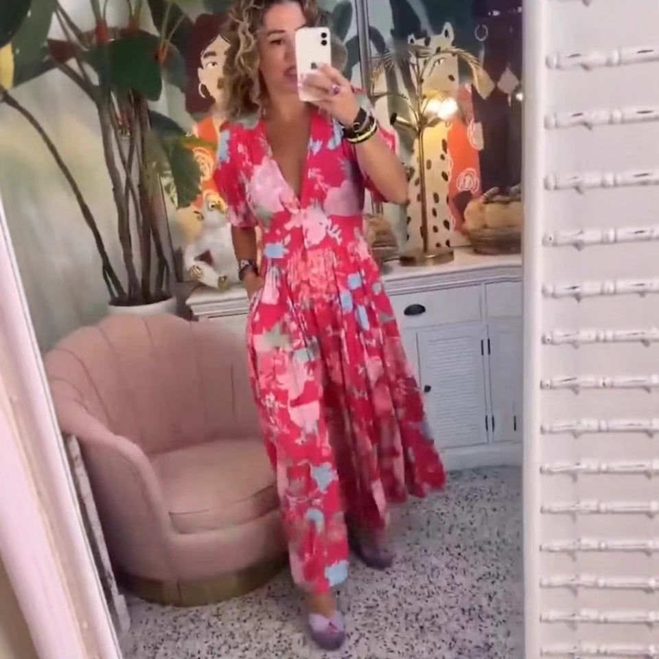 Floral V-Neck Elastic Waist Dress