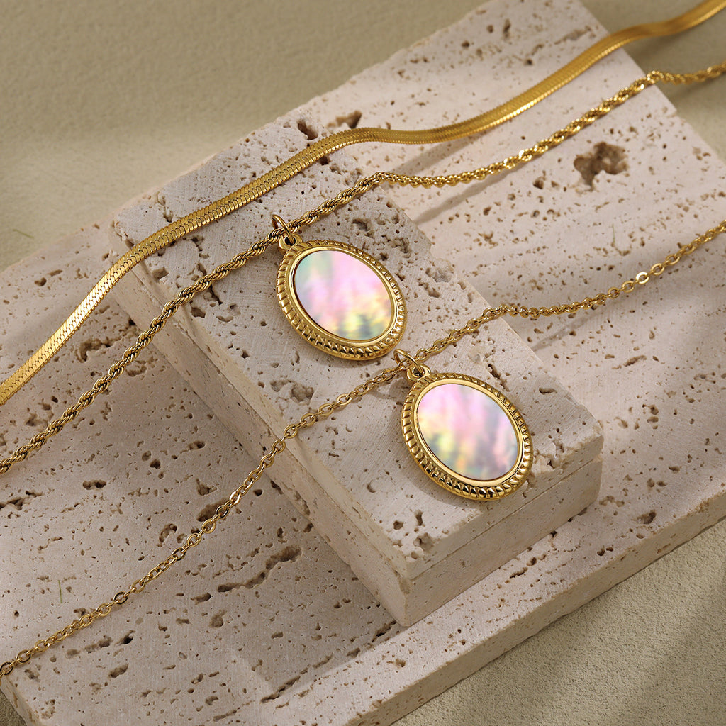 Natural Mother-of-Pearl Oval Titanium Steel Necklace