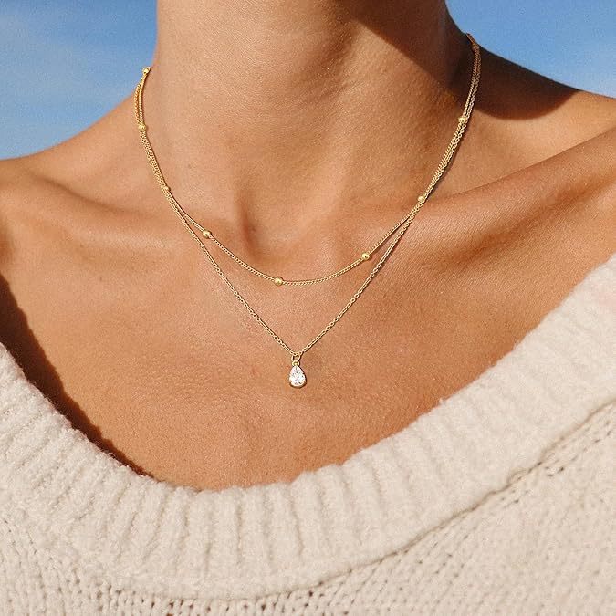 Minimalist Three-Layer Imitation Pearl Teardrop Crystal Pendant Necklace Stainless Steel Clavicle Chain for Women