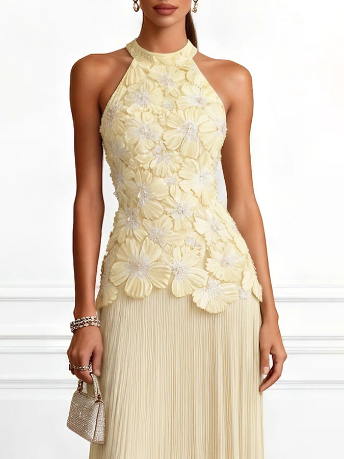 Women Halter Neck Sleeveless Pleated Dress Solid Color Long Maxi Dress