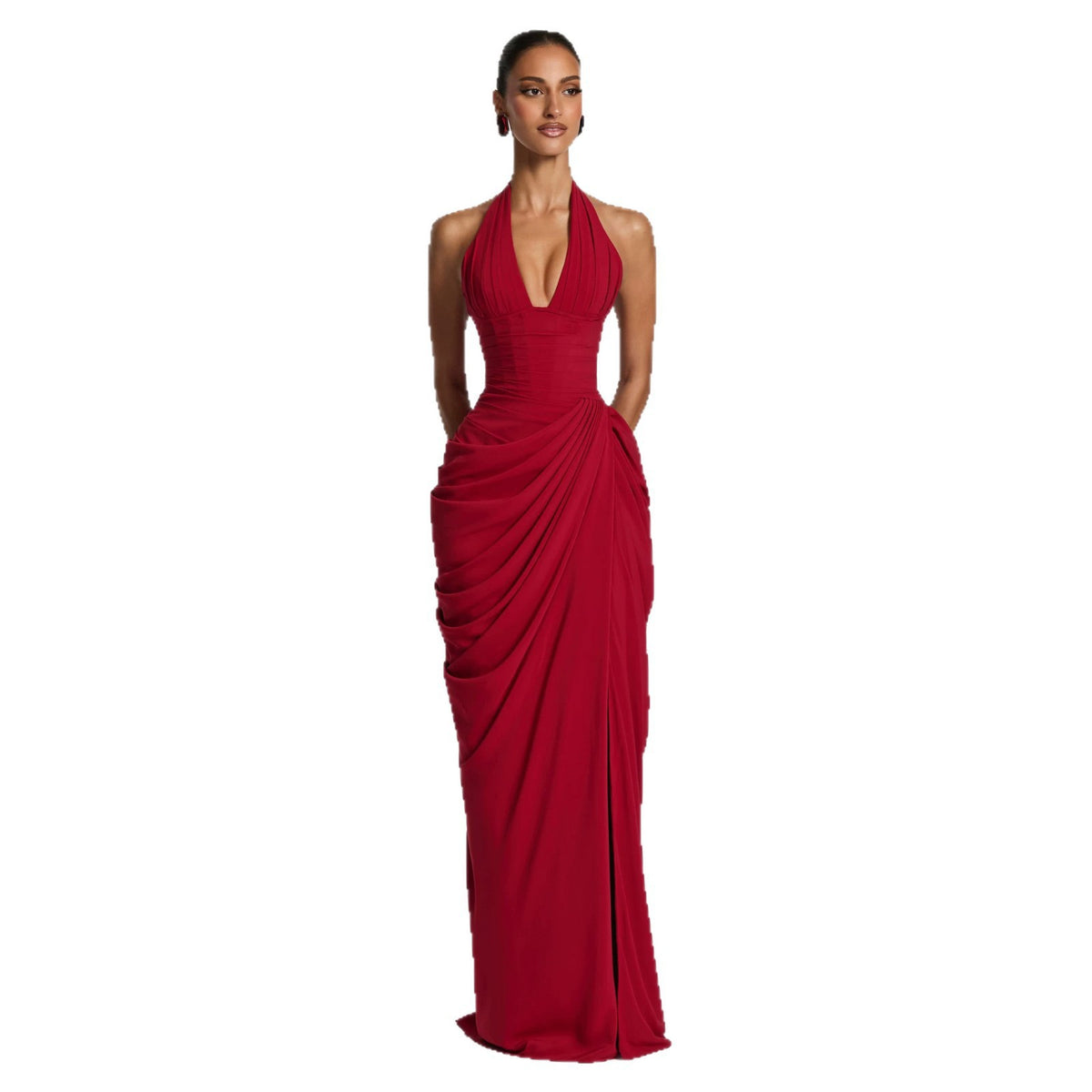 Women Halter V-Neck Pleated Bodycon Dress
