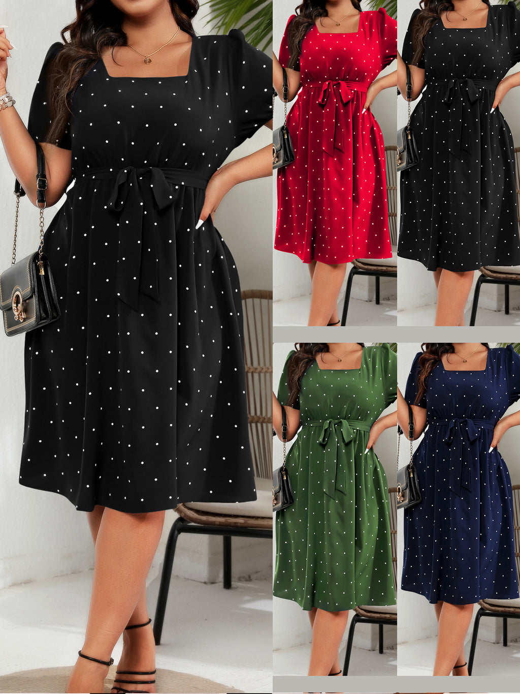 Polka Dot Square Neck Puff Sleeve Dress