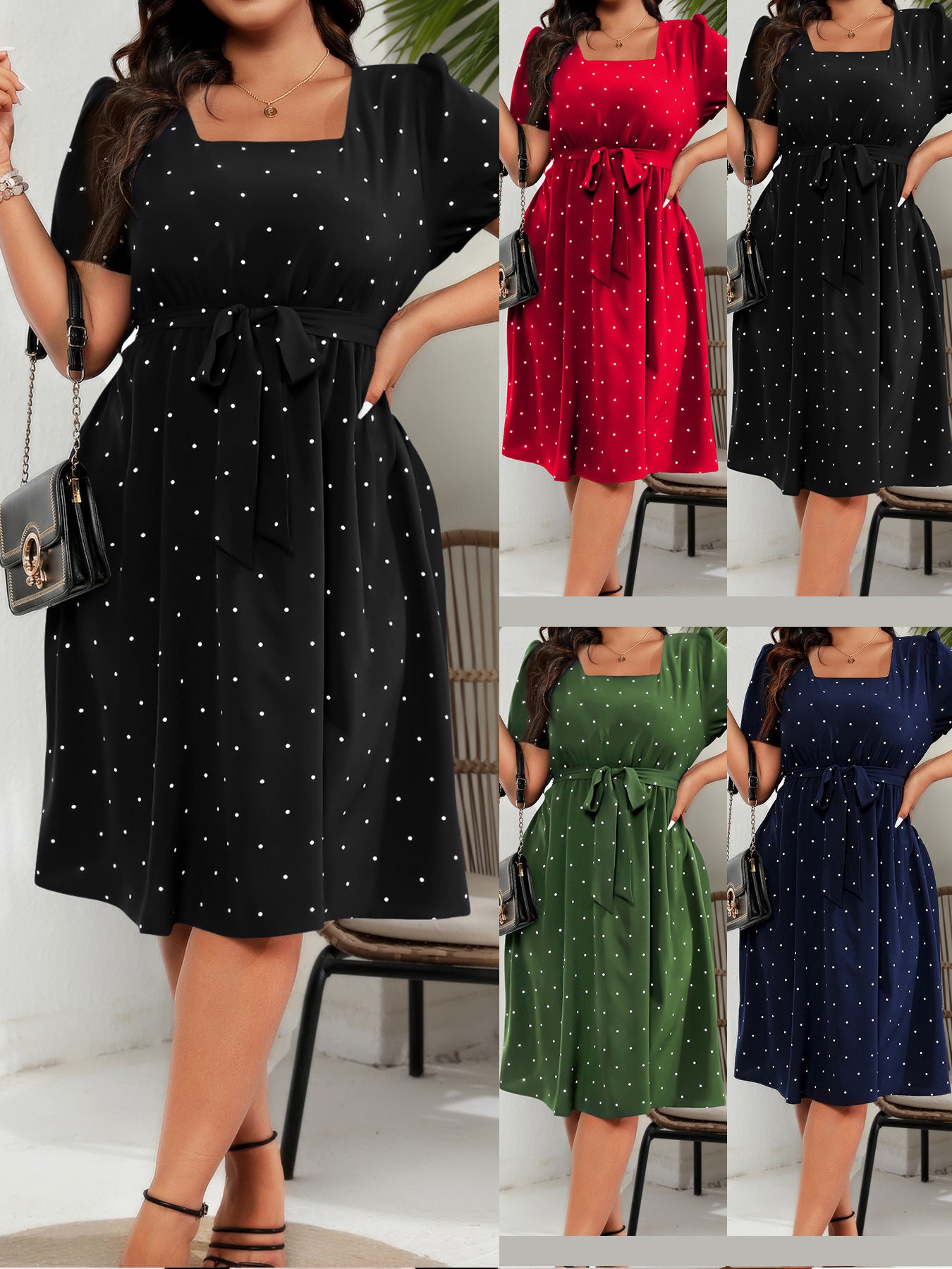 Polka Dot Square Neck Puff Sleeve Dress