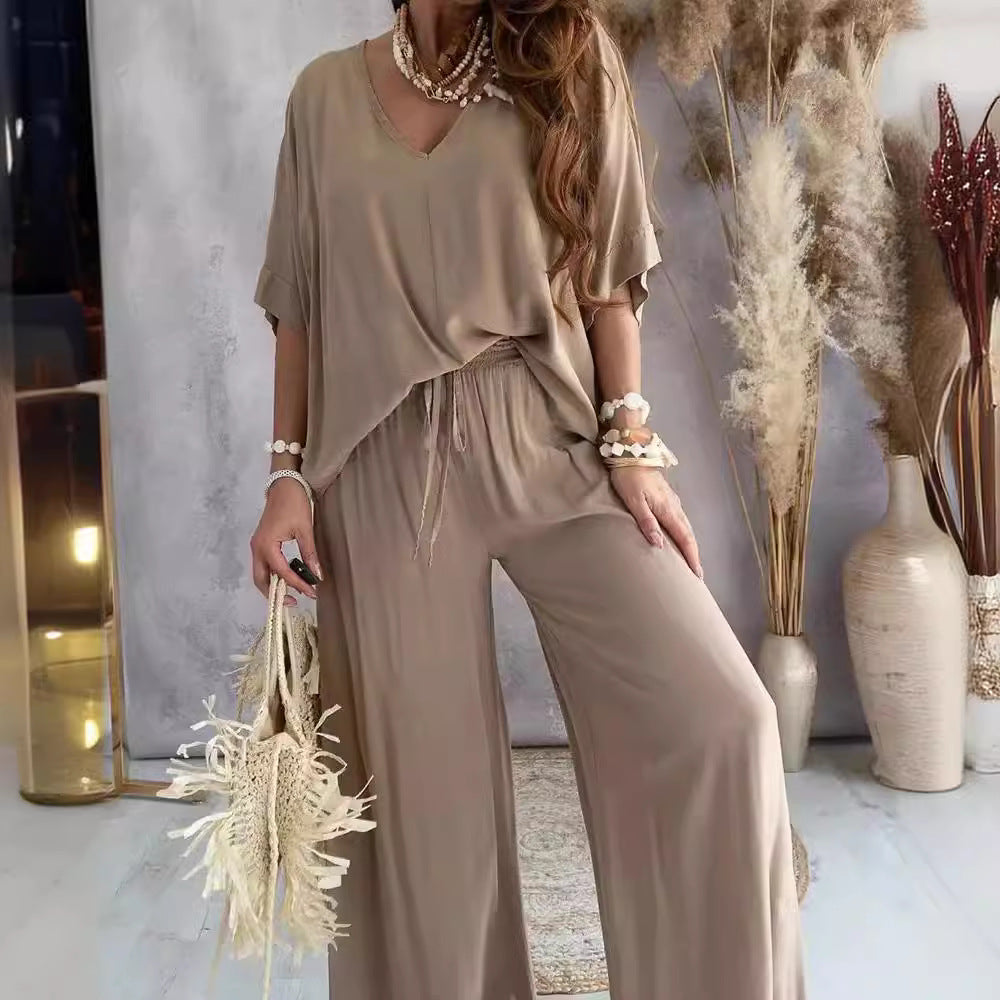 Womens V-Neck Bat Sleeve Wide Leg Pants Set