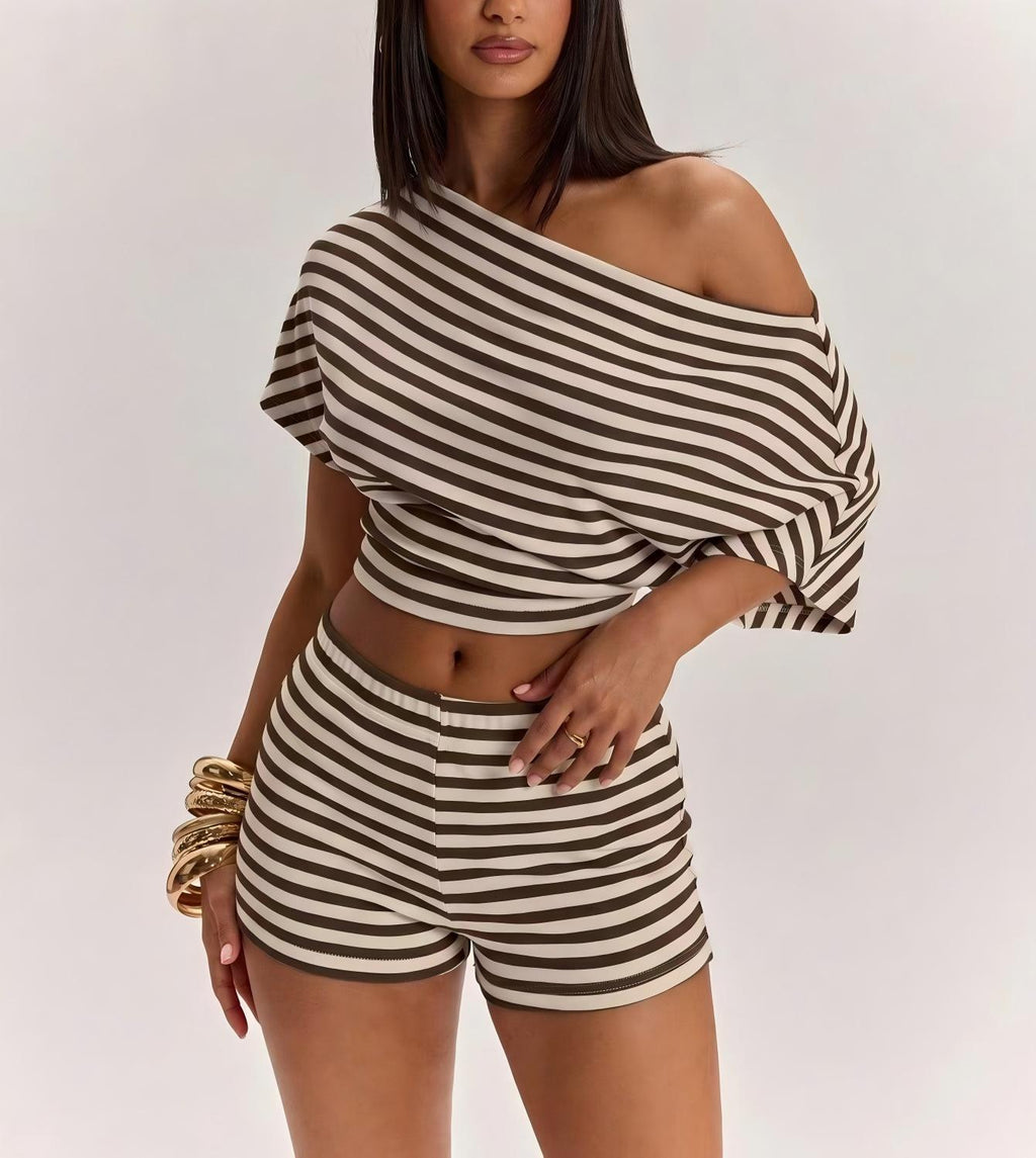Off-Shoulder Short-Sleeve T-Shirt High-Waisted Shorts