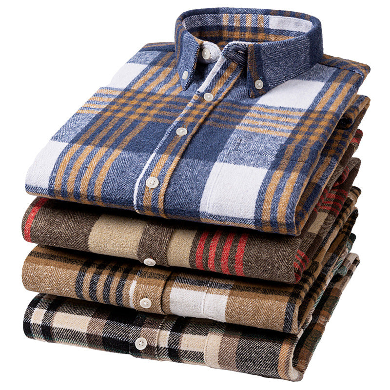 Men's 100% Cotton Thickened Brushed Plaid Long Sleeve Button Down Shirt