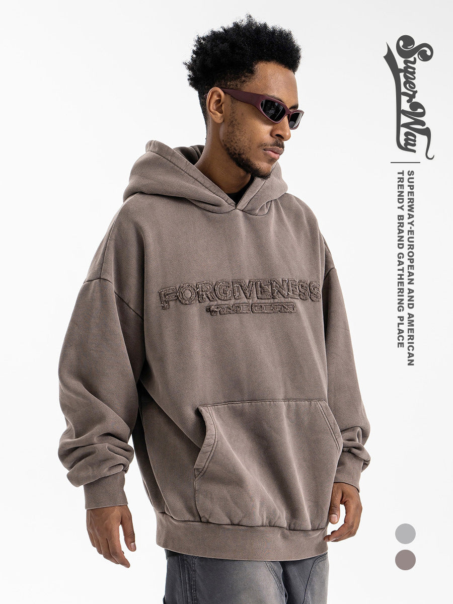 Retro Tassel Embroidered Letters Simple and Versatile Hooded Sweatshirt for Men