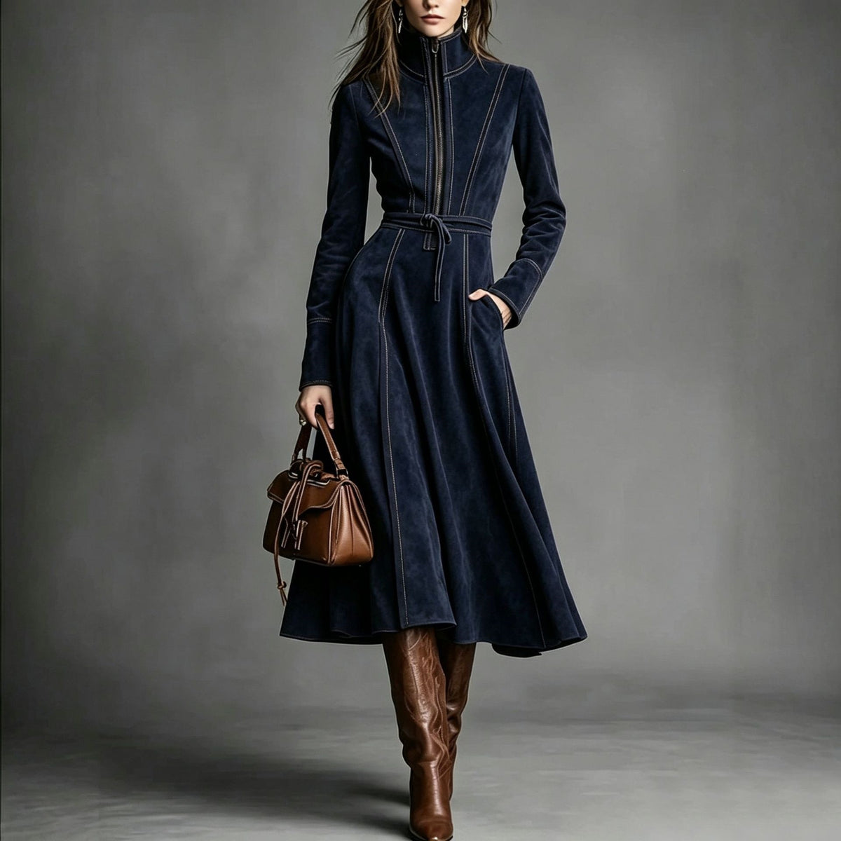 Women's Retro Suede Stand Collar Zipper A-Line Long Dress