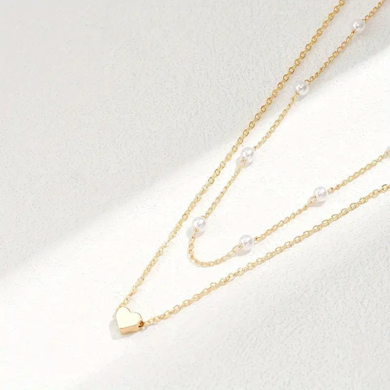 Fashion Imitation Pearl Layered Necklace with Heart Pendant for Women Men