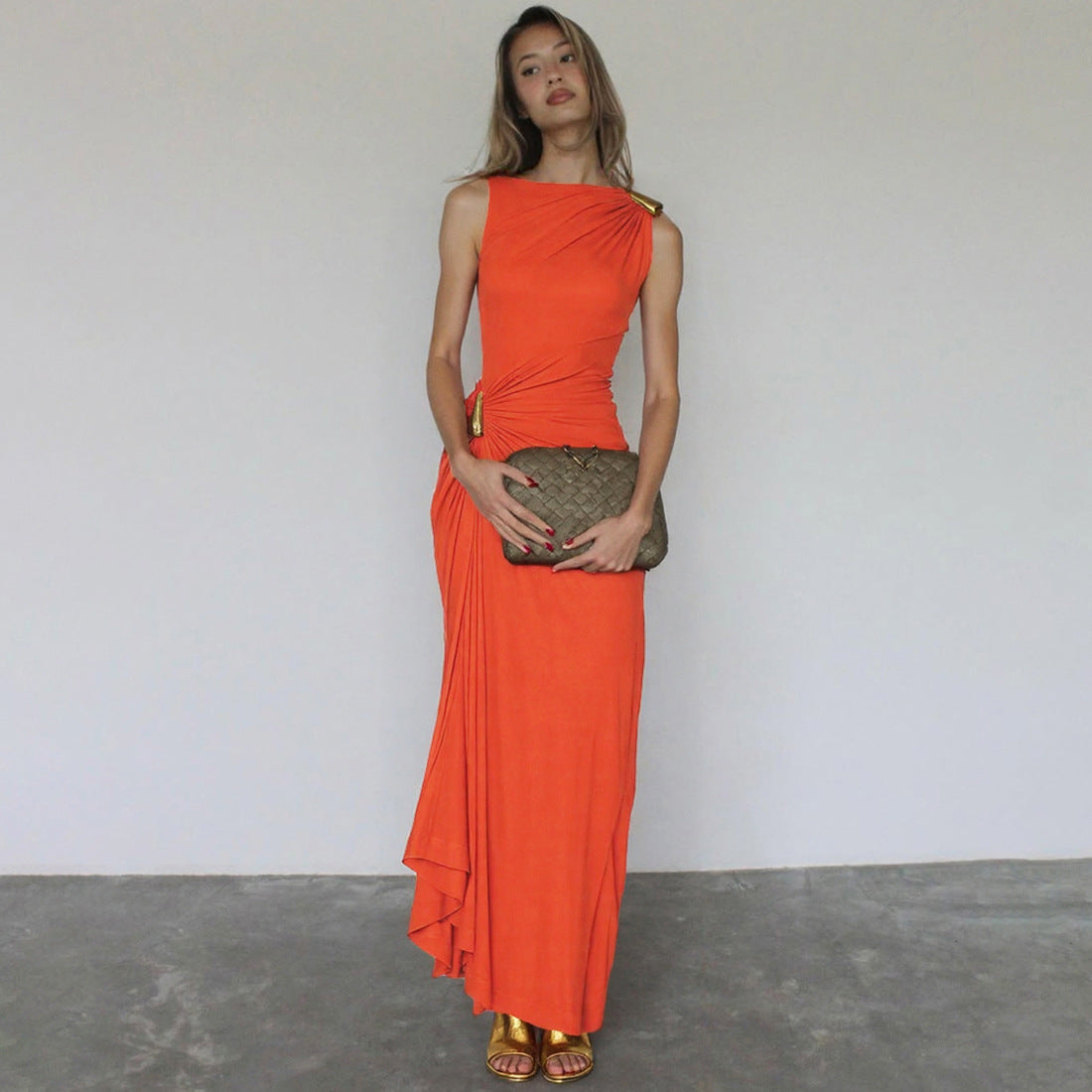 Women's Solid Color Metal Decor Slim Fit Dress