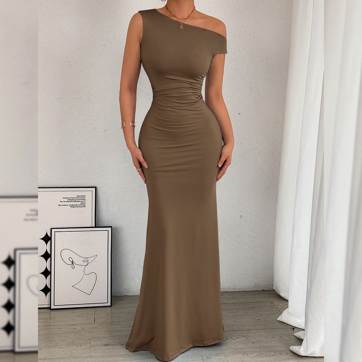 One-Shoulder Fishtail Hem Pleated Waist Long Sleeveless Dress
