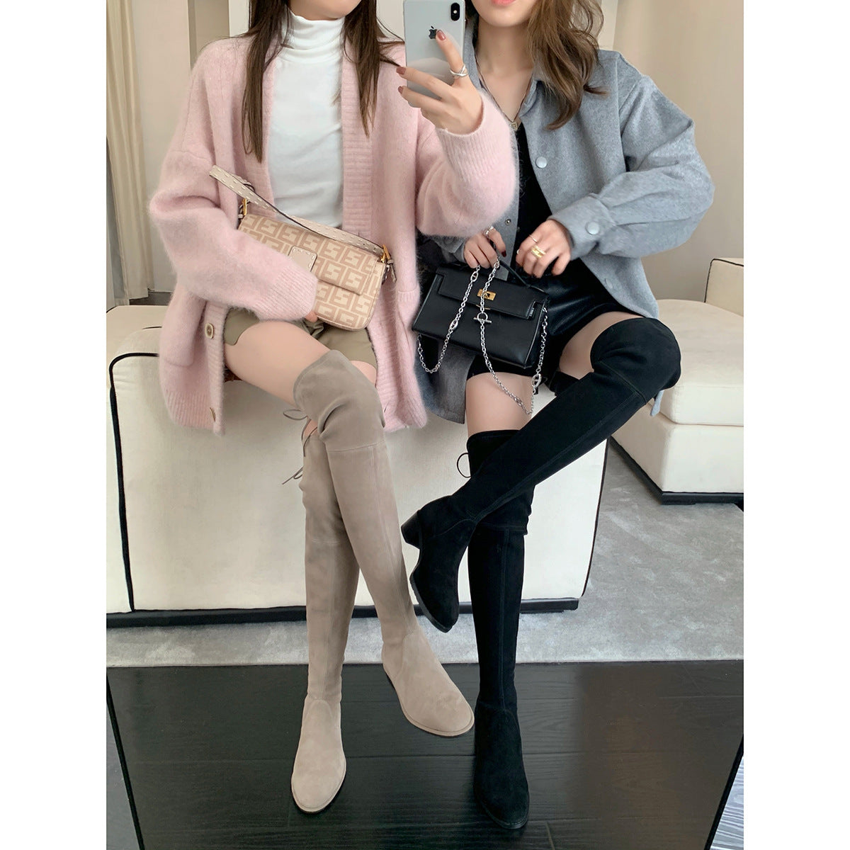 Womens Over Knee Suede Boots Elastic Thick Heel