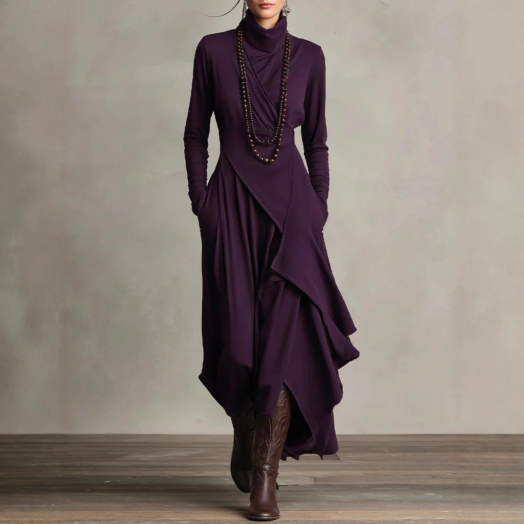 Women's Solid Color Long Sleeve A-Line Knitted Maxi Dress with Half Turtleneck