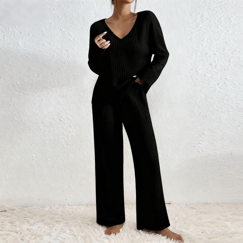 Women V-Neck Loose Ribbed Knit Long Sleeve Top Suit Set