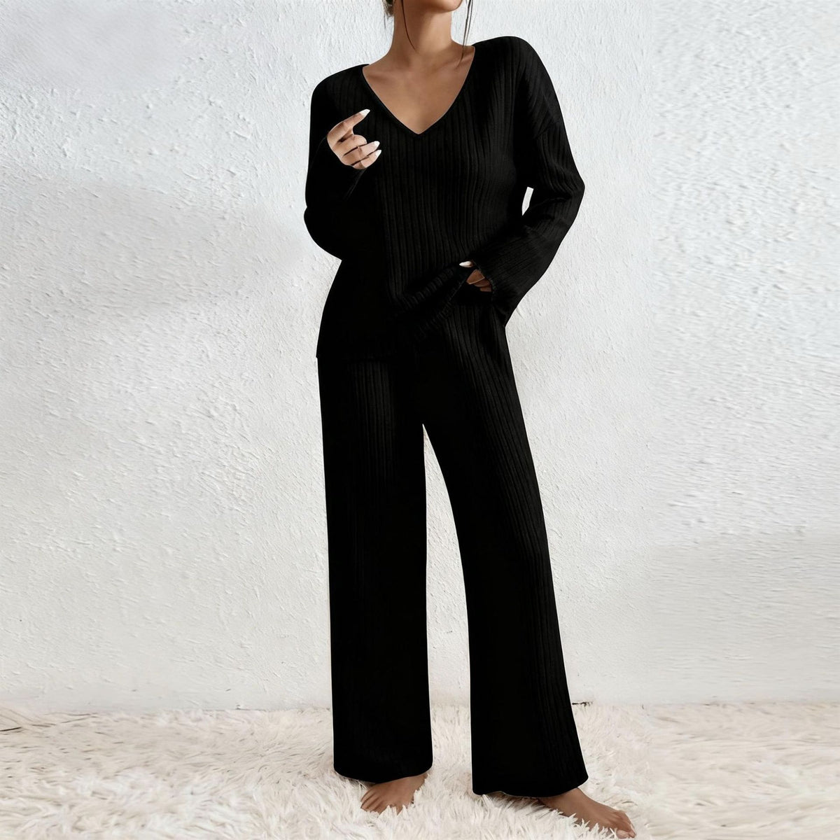 Women V-Neck Loose Ribbed Knit Long Sleeve Top Suit Set