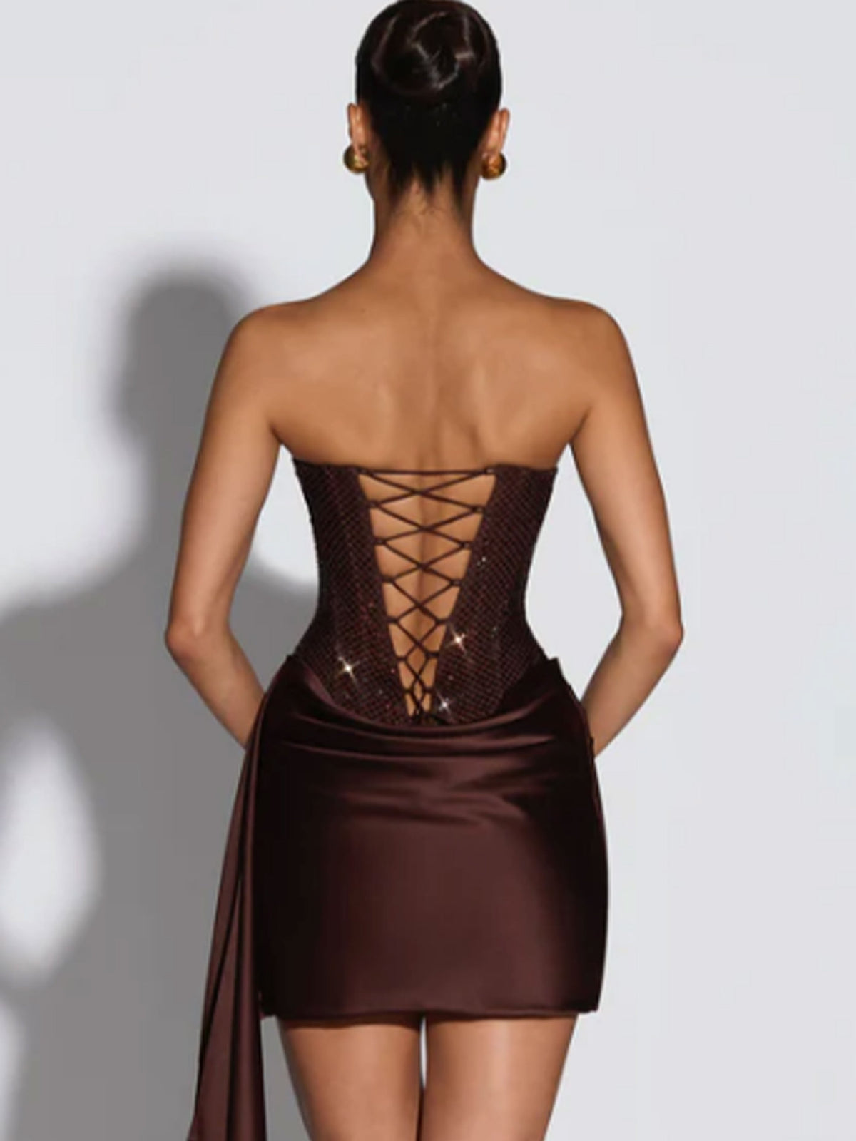Strapless Dress with Rhinestones, Satin Asymmetrical Short Skirt, Party Nightclub Tight-Fitting Elegant Gown