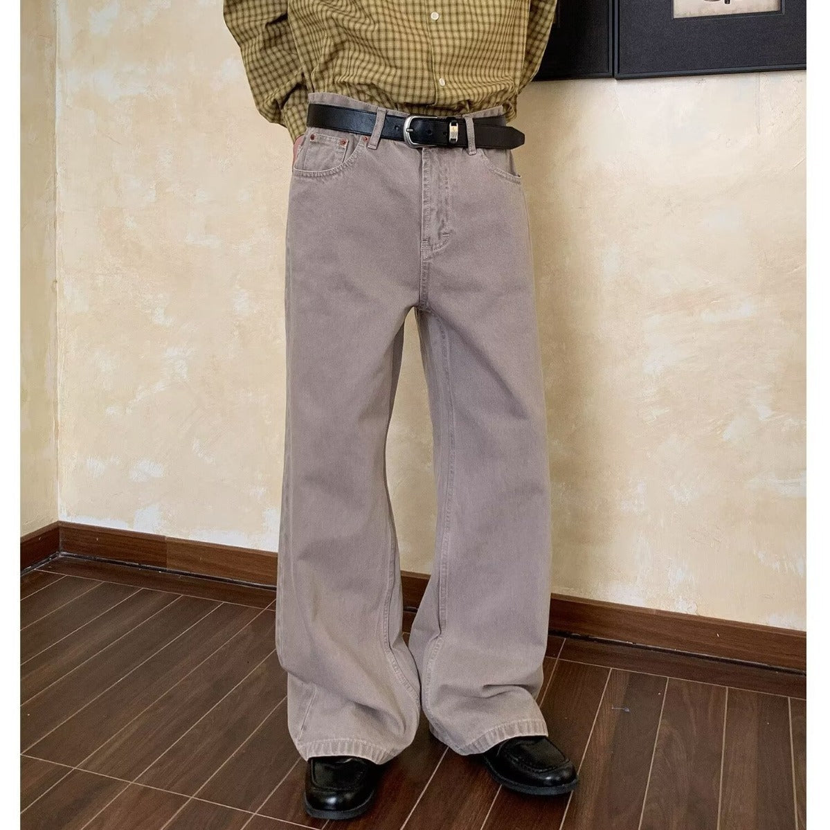 Retro washed oatmeal color loose wide-leg straight jeans