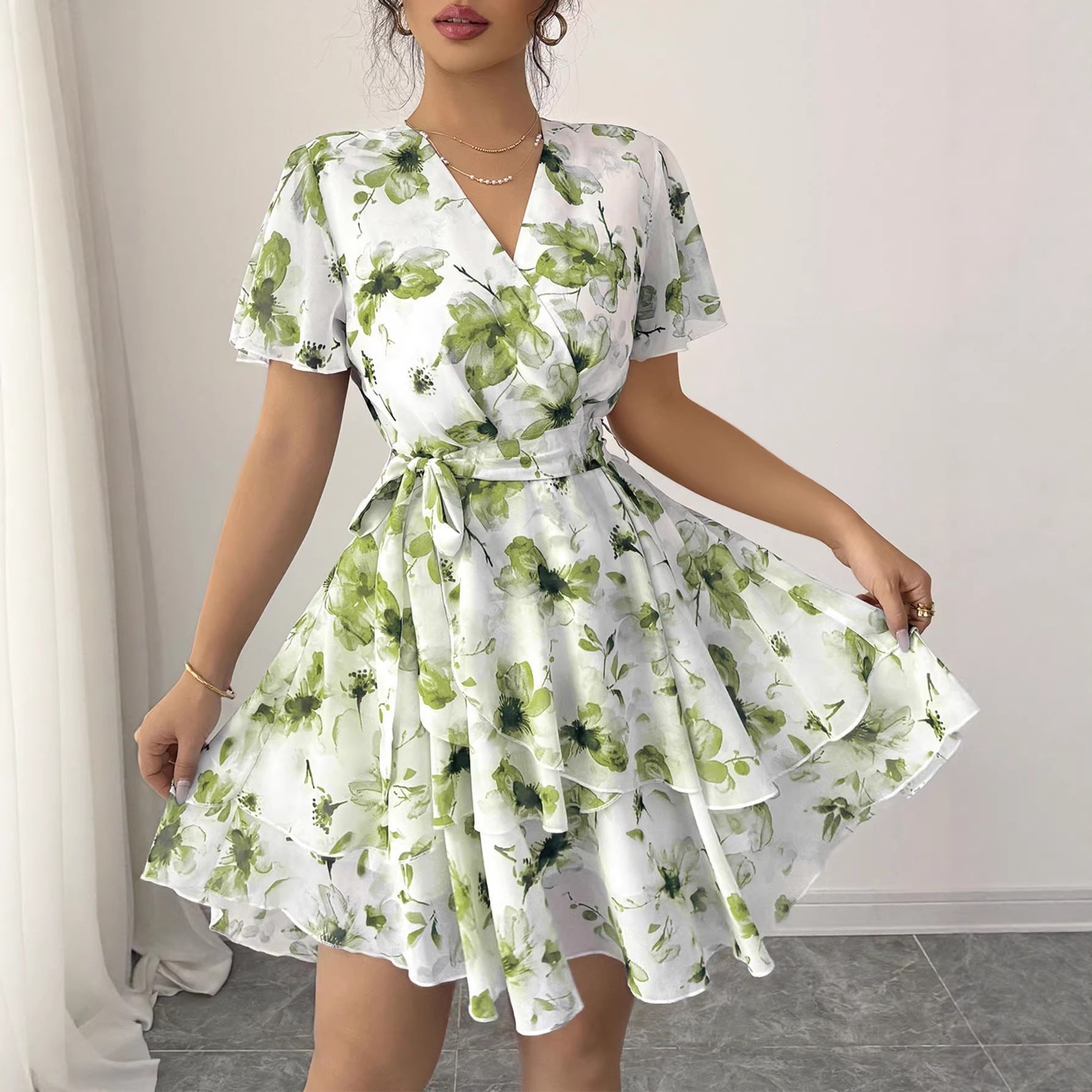 Womens Floral Print V-Neck Short Sleeve Bohemian Swing Dress