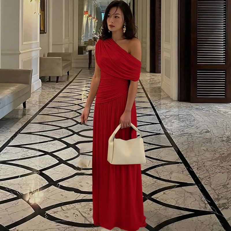 Womens Asymmetrical Neckline Pleated Dress