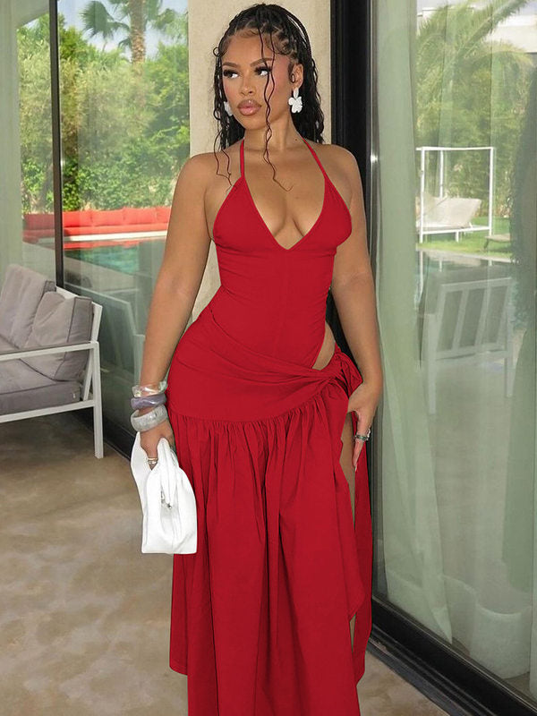 Womens V-Neck Halter Backless Jumpsuit with High-Waisted Skirt