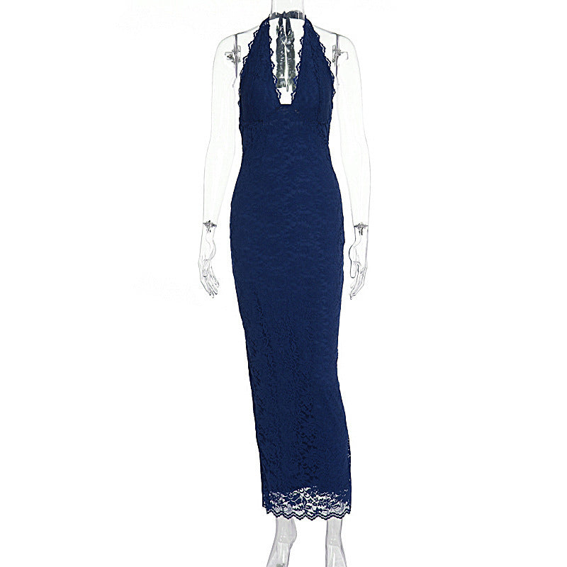 Women's Lace Halter Neck Bodycon Long Dress Sleeveless Backless V-Neck