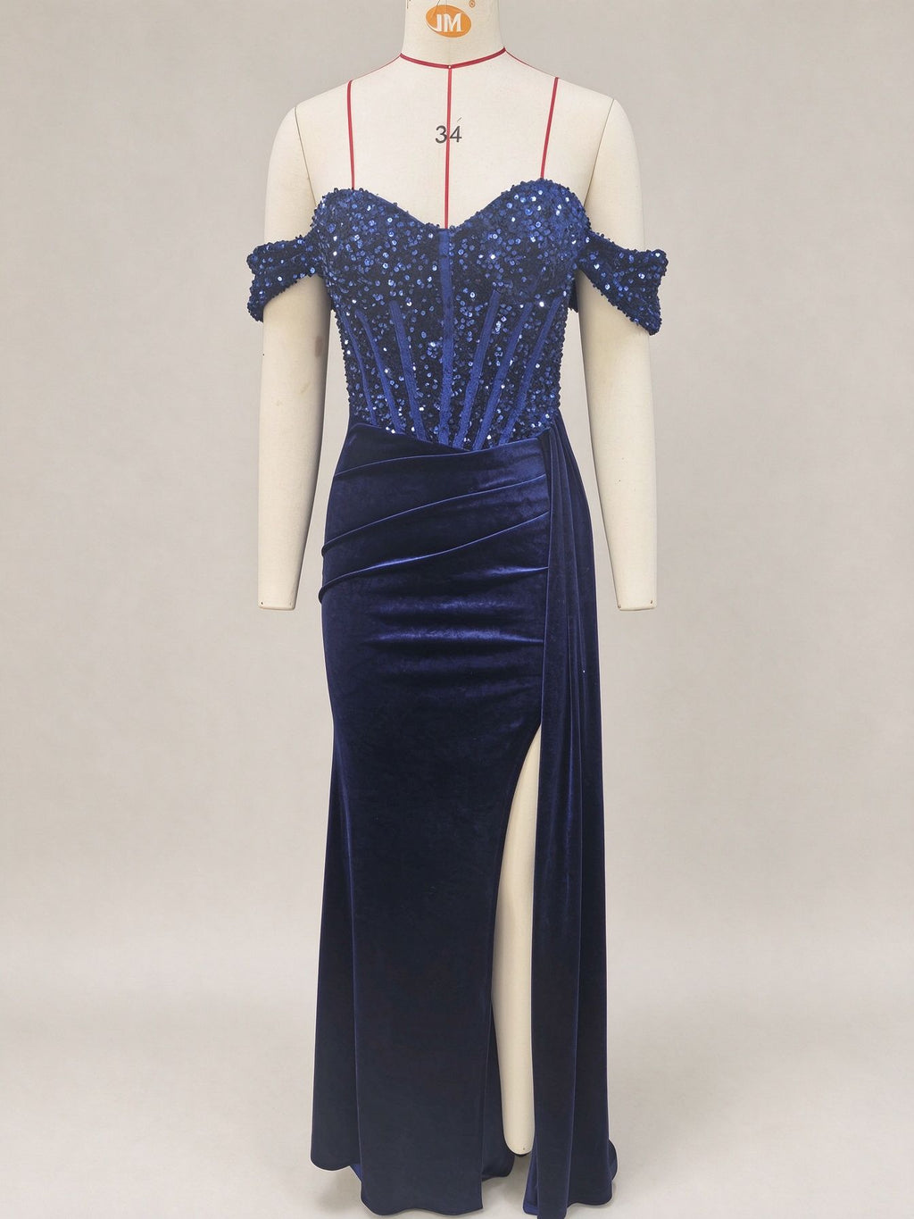 Off Shoulder Sequin Pleated Satin Evening Dress With Slit