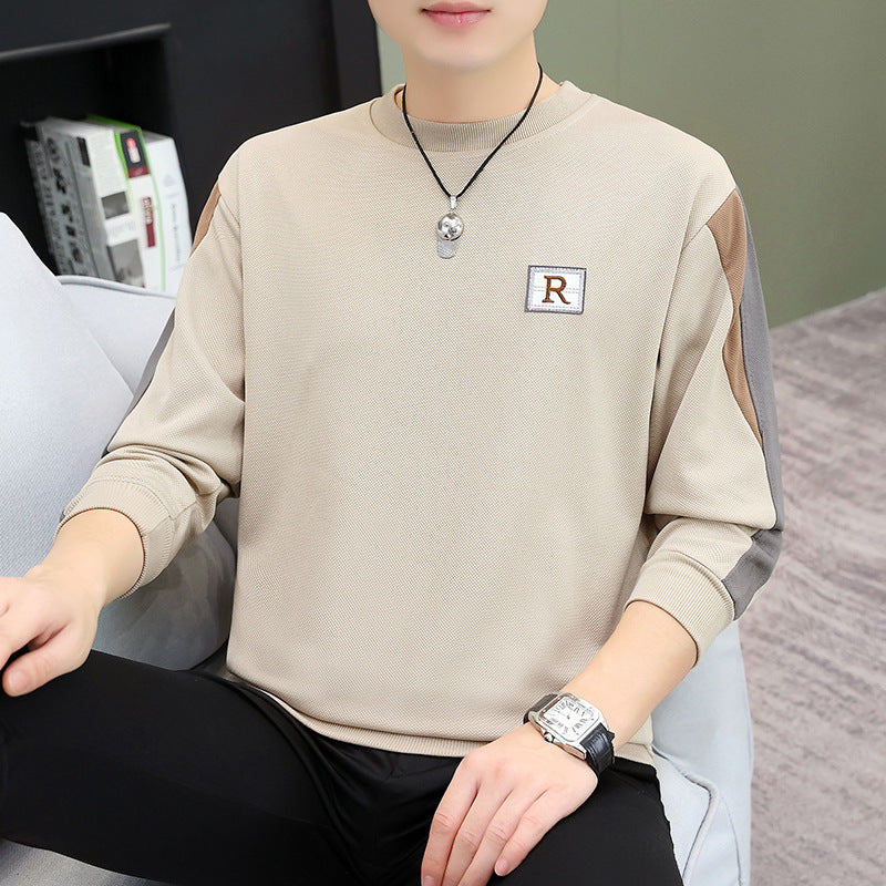 Men's Patchwork Letter Embroidery Long Sleeve Round Neck Loose Polyester T-Shirt