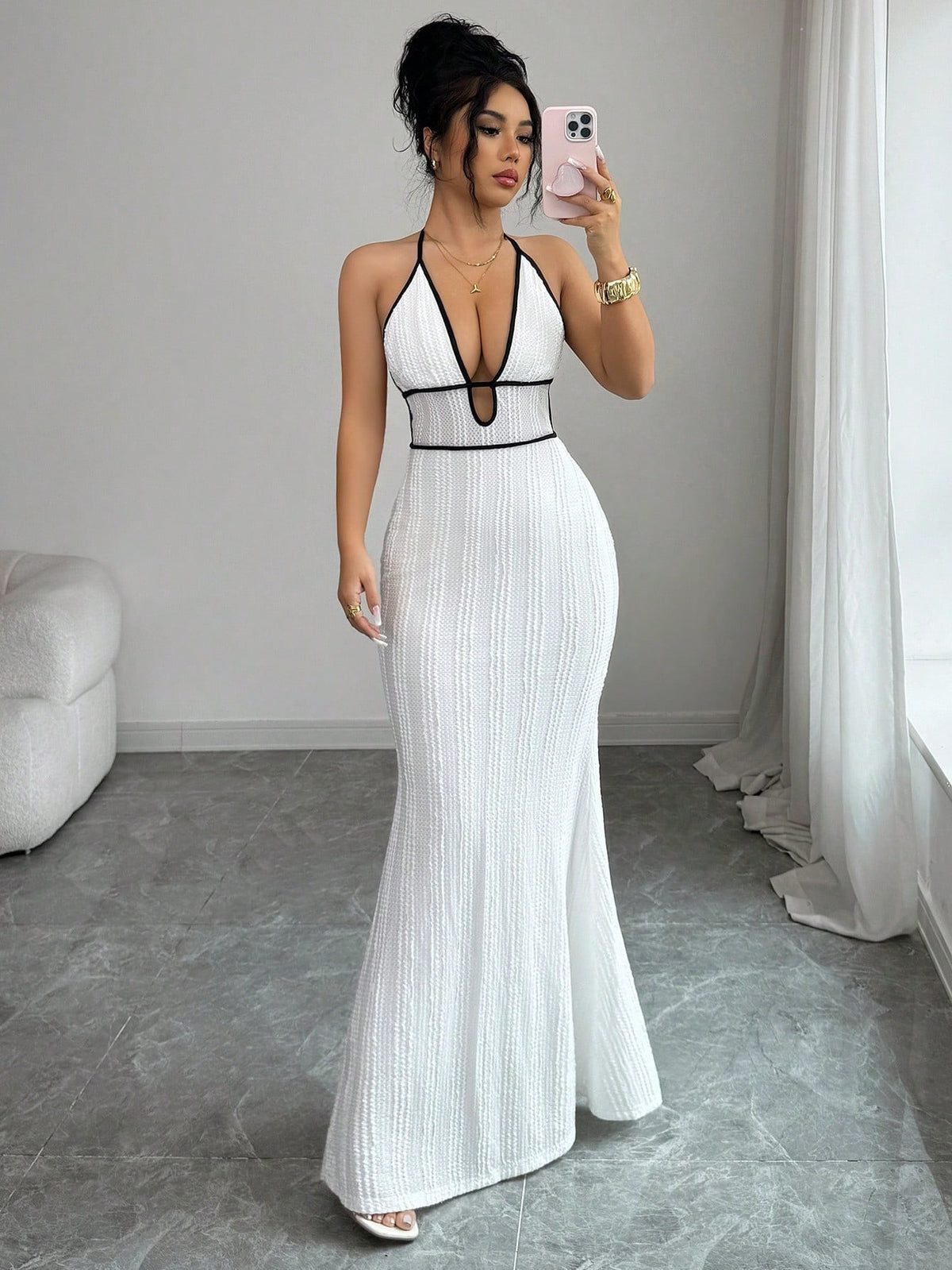 Deep V open-back fitted halter dress